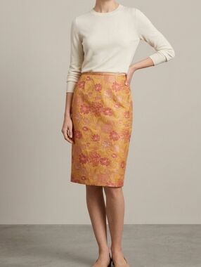 Vintage Kasper Floral Brocade Pencil Skirt Orange, Coral And Pink SZ 6